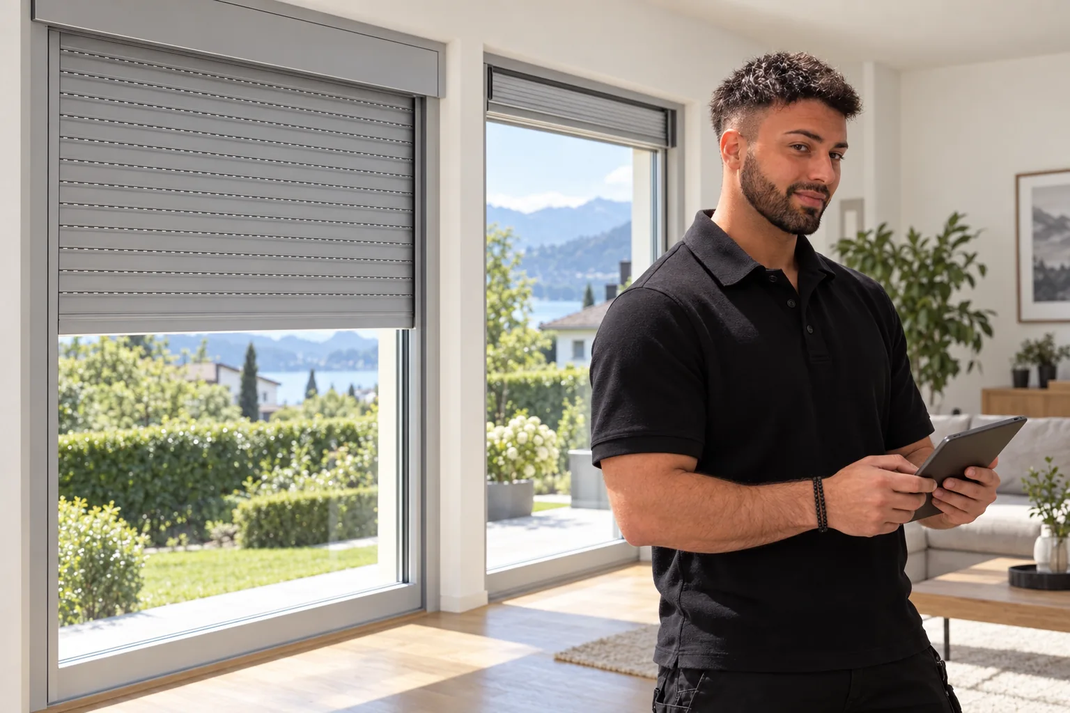 Hannes Punz an einem Fenster mit sichtbaren Rollläden
